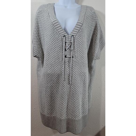 Isaac Mizrahi Live Gray White True Denim Lace Up Poncho Sweater XL Stretch Soft - Picture 1 of 7